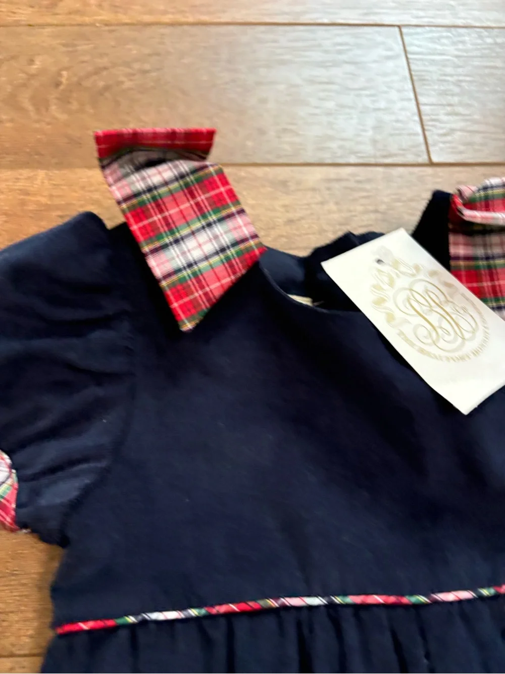 The Beaufort Bonnet Company Navy Blue Corduroy One-Piece with Red Plaid Trim